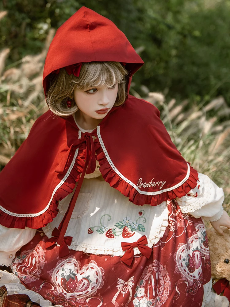 HOT Sweet Girl Lolita Women Dress Vintage Patchwork Red Dress con mantello Cute Female Cosplay Victorian Gothic Princess Dress