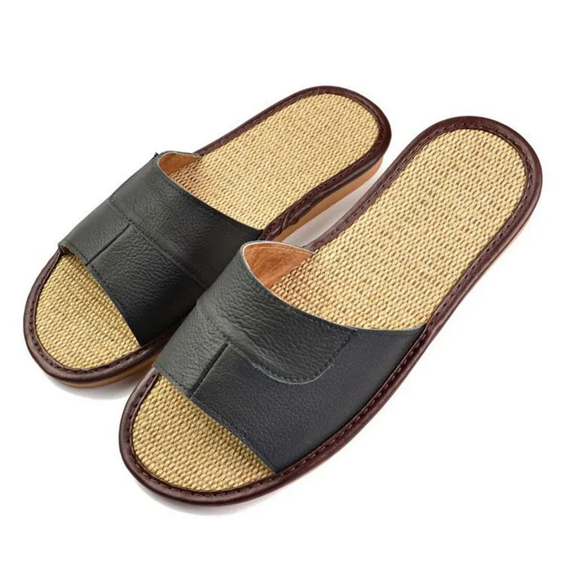 2023 New Famous Brand Casual Men Slippers Shoes Summer Leather Slippers Summer  Linen Sole Shoes  Flip Flops Fast Shipping