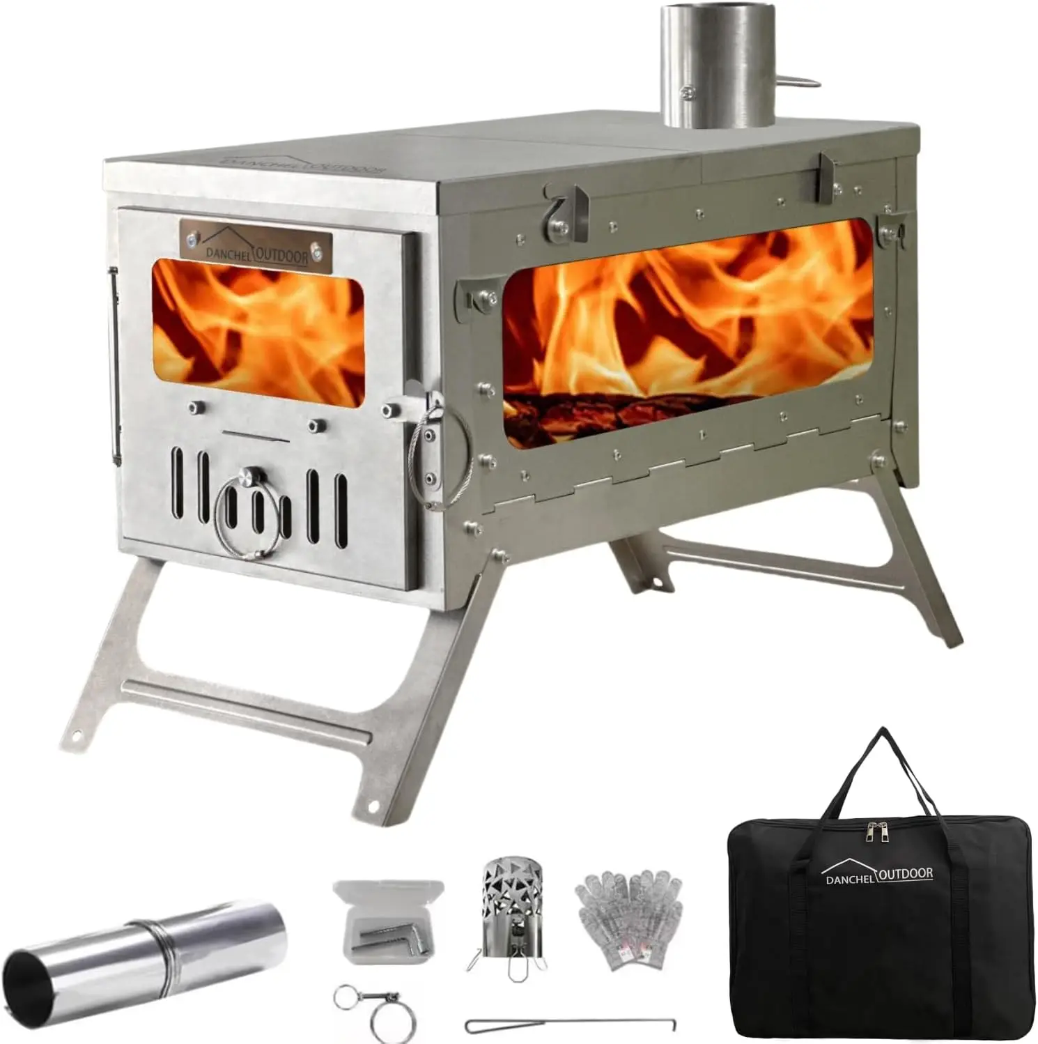 TSG TA1 Portable 100% Titanium Hot Tent Stove, Small/Large Folding Tent Wood Burning Stove with Chimney Pipe for