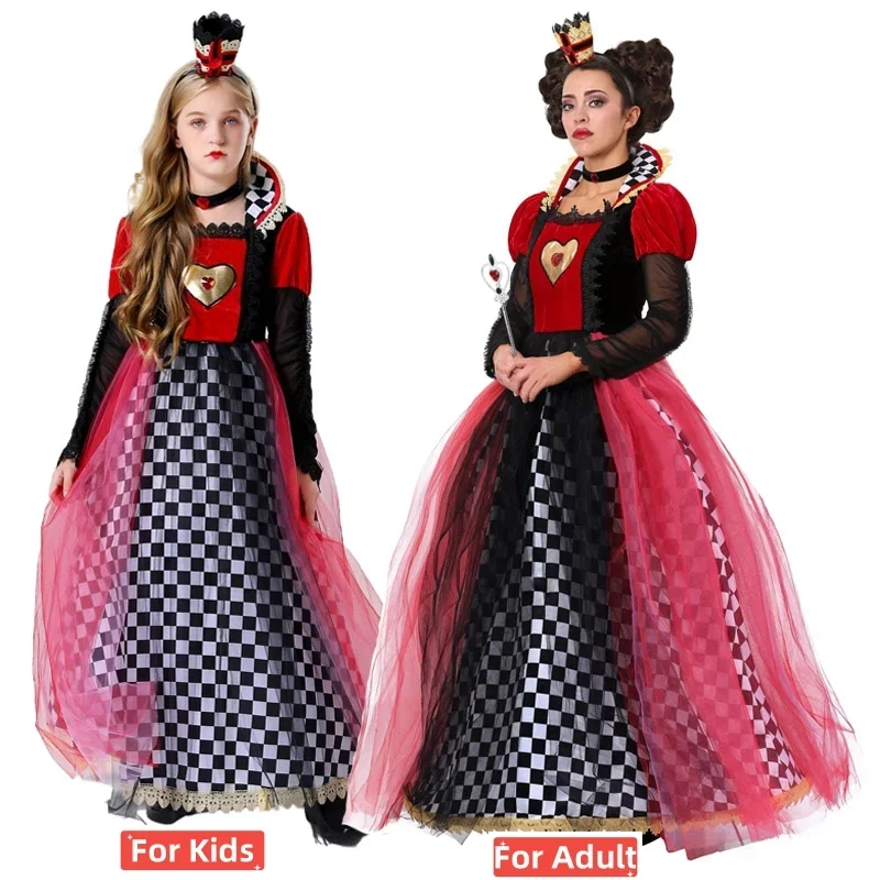 Halloween Women Kids Queen of Hearts Costume Black & Red Fancy Royal Dress Up For Halloween  Carnaval Cosplay Outfit