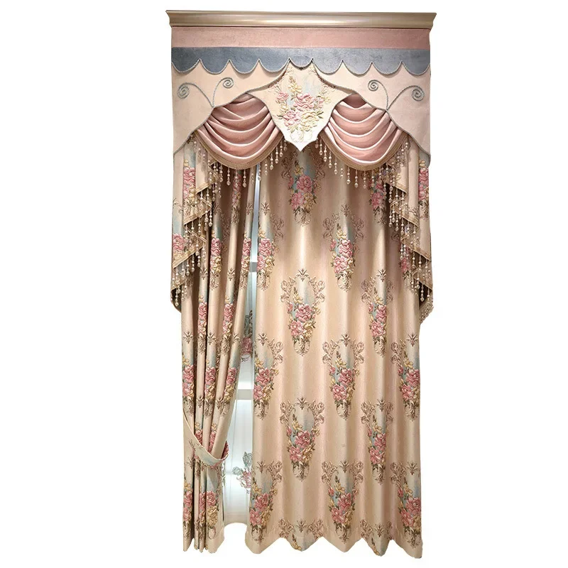 European-style Pink Embroidered Curtains for Living Room Bedroom Dining Chenille Luxury Retro Romantic Thicken Custom Size Decor