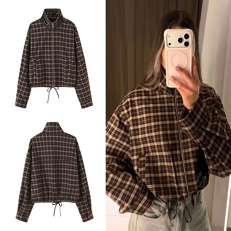 Guobioziy 2026 Spring Autumn Women Stand Collar Cropped Jacket Soviet Retro Style Zipper Long Sleeve Casual Outer Garment