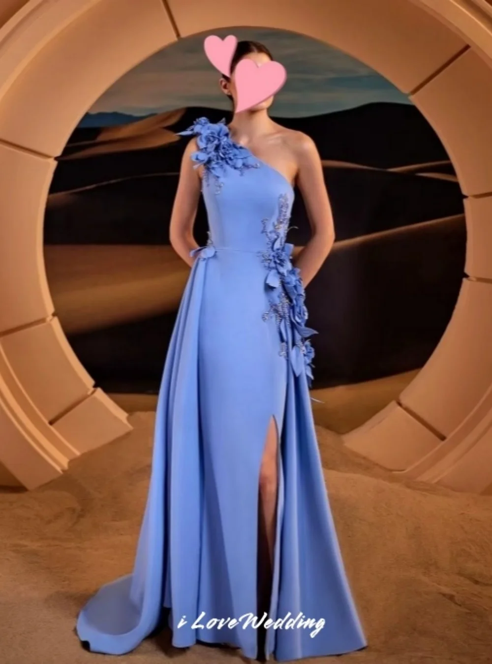 

Blue One Shoulder Evening Dress 2025 Sleeveless Flower Bead A-Line Side Split Pleat Floor-Length Wedding Party Dress Customized