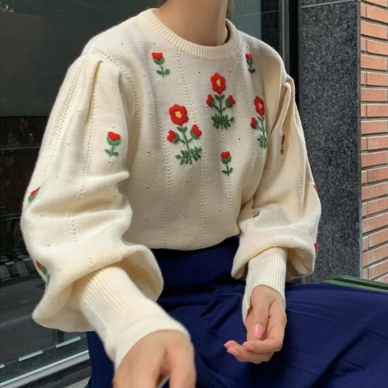 Vintage O Neck Embroidered Flowers Sweet Pullover Sweaters Simple Puff Sleeve Loose Casual Knit Tops Korean Style Sueter Mujer