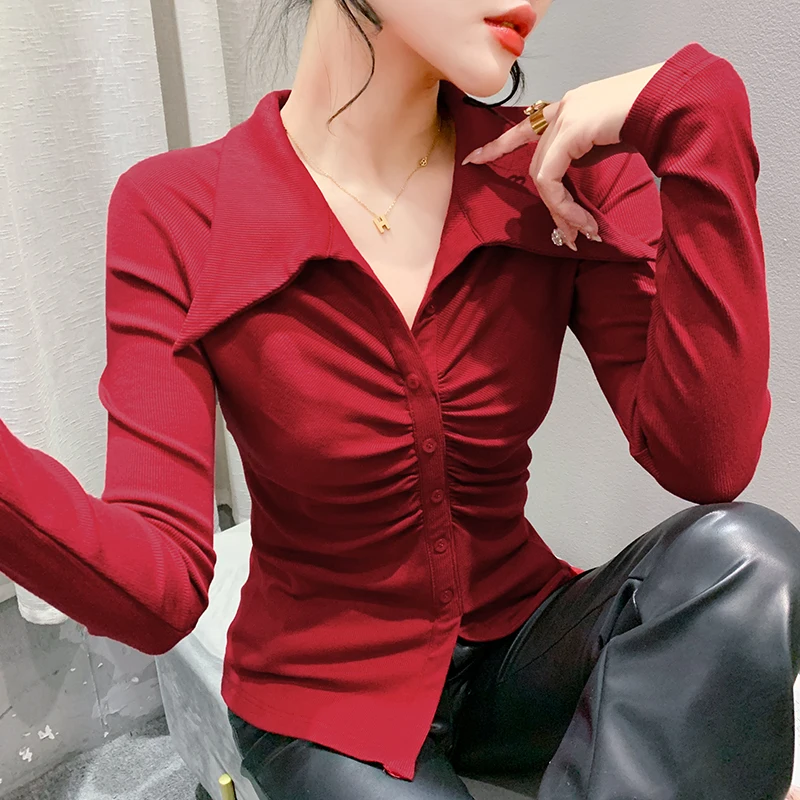 2024 New Fall Winter European Clothes T-Shirt Chic Sexy Draped High Quality Button Blouse Women Tops Long Sleeve Tees 311044