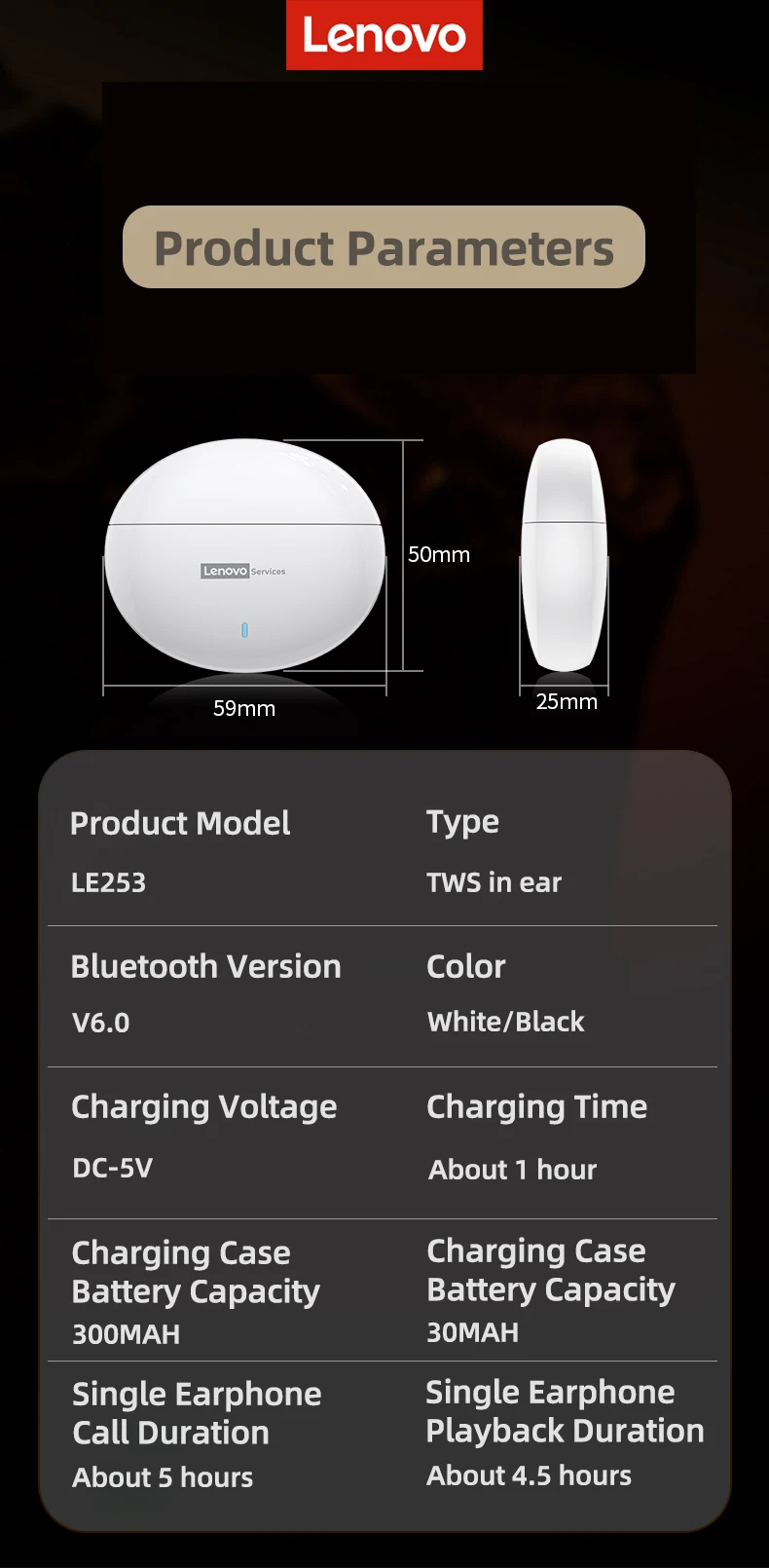 Lenovo LE253 Wireless Bluetooth 6.0 Headphones TWS HiFi Sound ANC Noise Reduction Earphones Gaming Sports Earbuds With Mic New