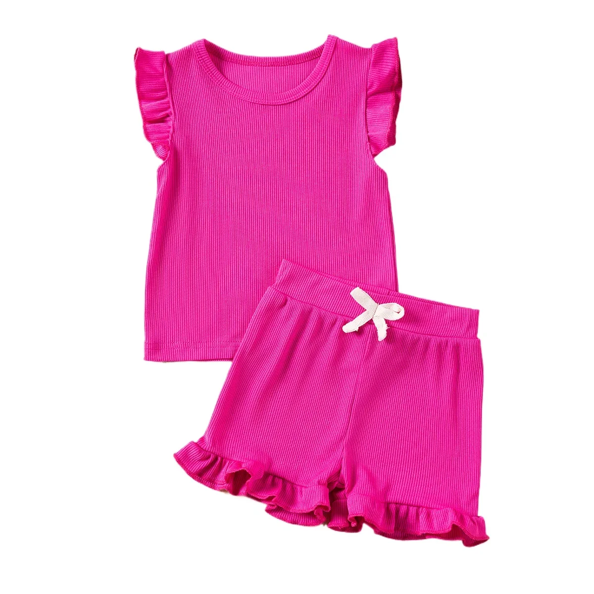 Summer Solid Colour Toddler Sleeveless Set Girls Dash Sleeve Top + Shorts Elastic Waist Clothing Set 2pcs Ruffles Kids Clothes