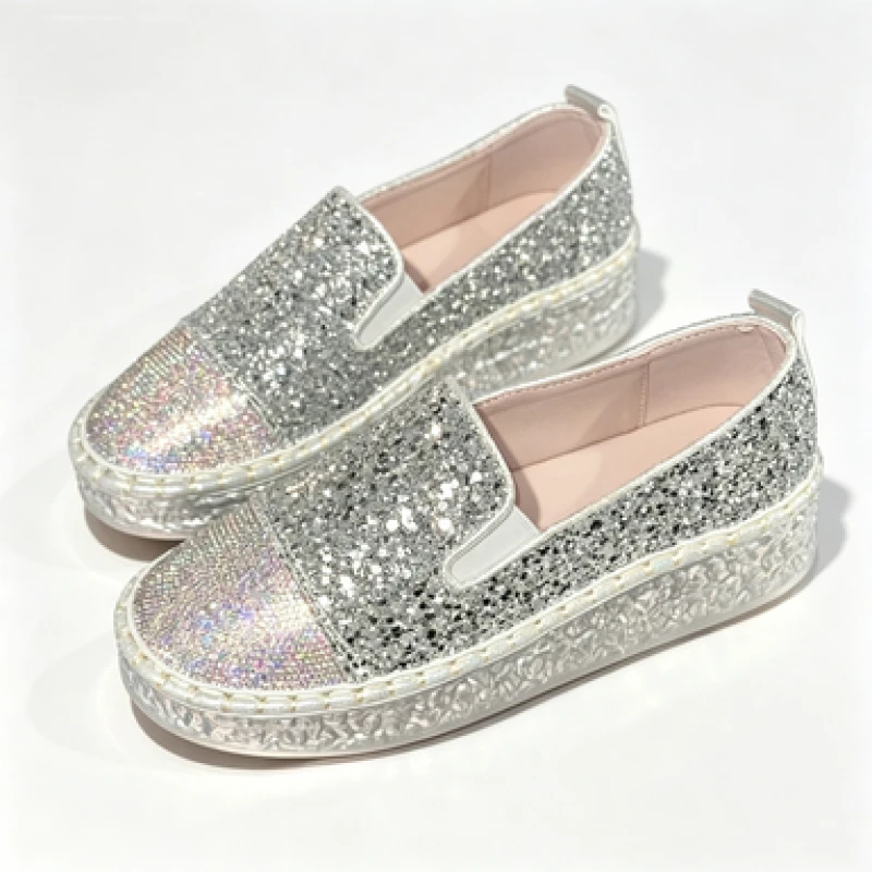 Espadrille Slip On - 실버 글리터 라인스톤 플랫폼 로퍼 여성