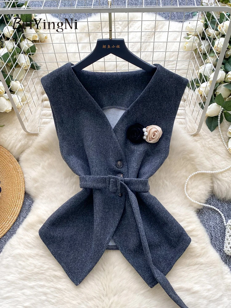 

Beiyingni 2022, осенне-зимний женский жилет с 3D цветочным принтом, высококачественные элегантные однобортные майки с v-образным вырезом, топы, женские шерстяные майки