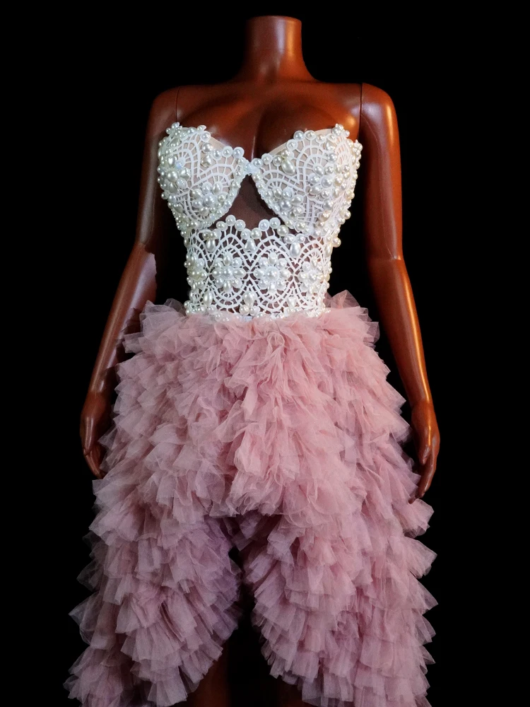 Elegant Long Dress Pearl Pink Two-Piece Sexy Evening Wedding Party Club Birthday Outfits Celebrate Stage Bar Drag Queen Costumes
