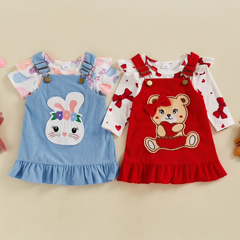 

Newborn Baby Girl Valentines Day Easter Outfit Ruffle Long Sleeve Romper Corduroy Suspender Skirt Set Overall Dress Outfit