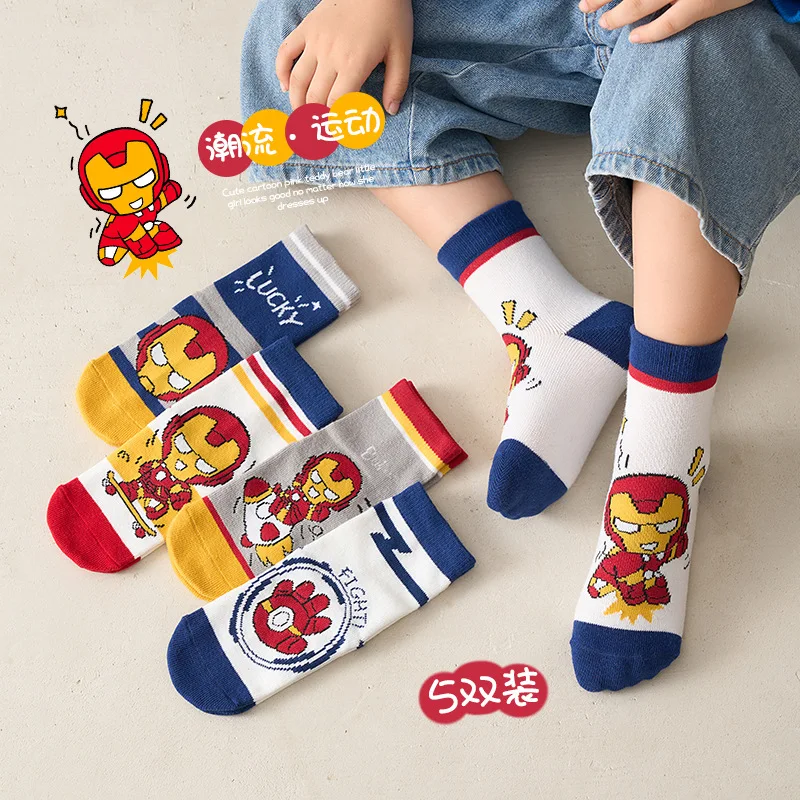 5Pair Children Spider-Man Kids Boys Cotton Sock Iron toddler Captain America New Fall Winter Cartoon Baby Mid-calf Sock 1-12Y