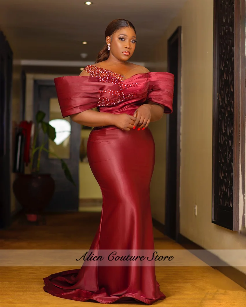 Vestidos de Noche personalizados de talla grande color Burdeos, vestidos elegantes de graduación con cristales, vestidos de fiesta de compromiso con cuentas de sirena Aso Ebi