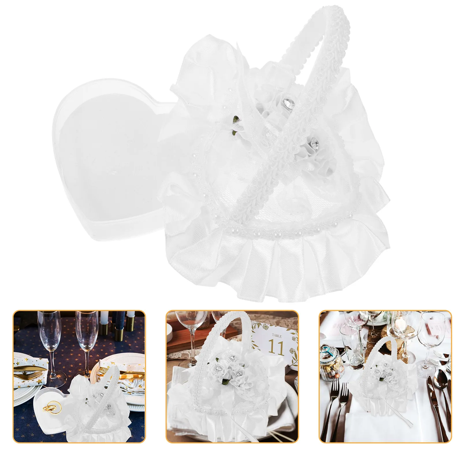 Mini Lace Ring Pillow Heart Shape Satin Wedding Ring Holder with Handle for Engagement Ceremony Display Wedding Decor