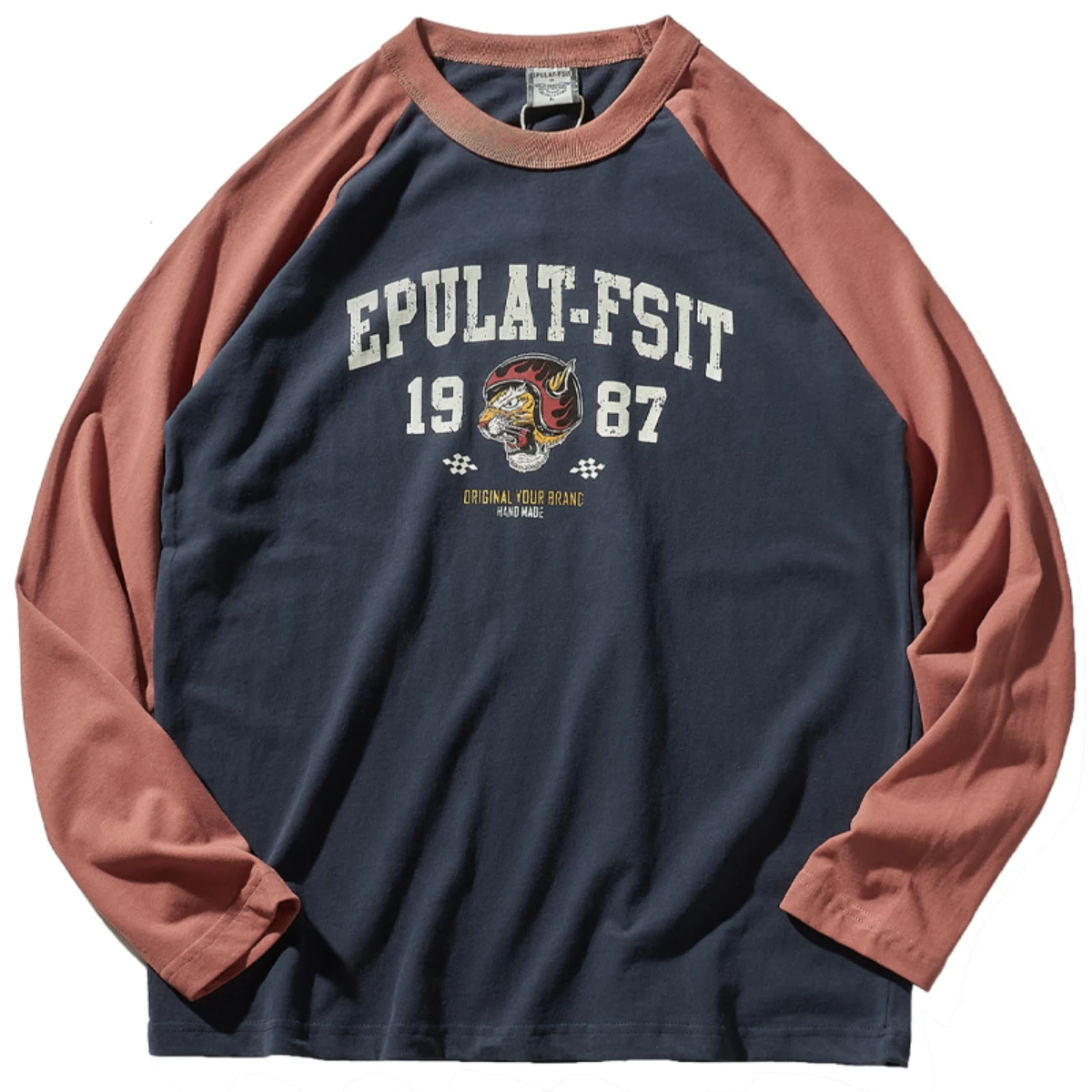 Raglan sleeves contrast crewneck long sleeve T-shirt casual Joker cotton washed sanding base coat