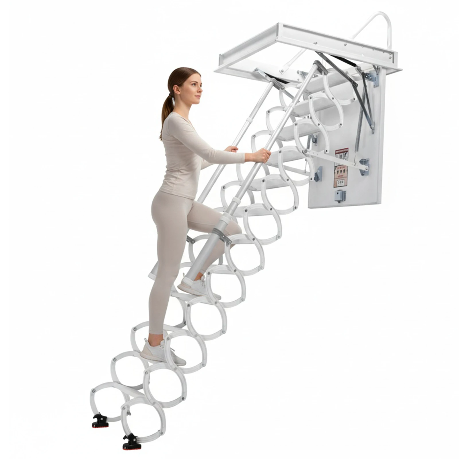 

12 Steps Ceiling Mounted Attic Ladder with Handrails Foldable Loft Step 660LBS Capacity Height Adjustable For Home Duplex Villas