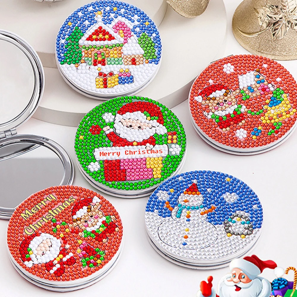 Double Sided DIY Diamond Painting Mirror Kit Santa Special Shape Diamond Painting Compact Mirror Diamond Art Makeup Mirror