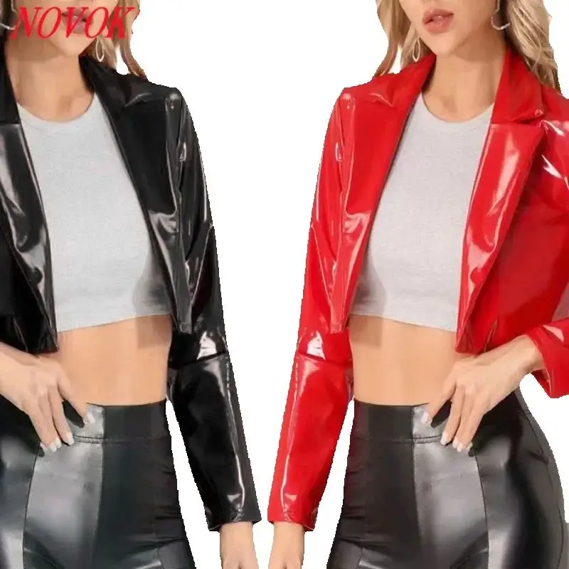 

S-3XL Fun Top Short Motorcycle Long Sleeves Jacket Open Waist Coat Red Elastic Mirror PU Shiny Leather Nightclub Uniform