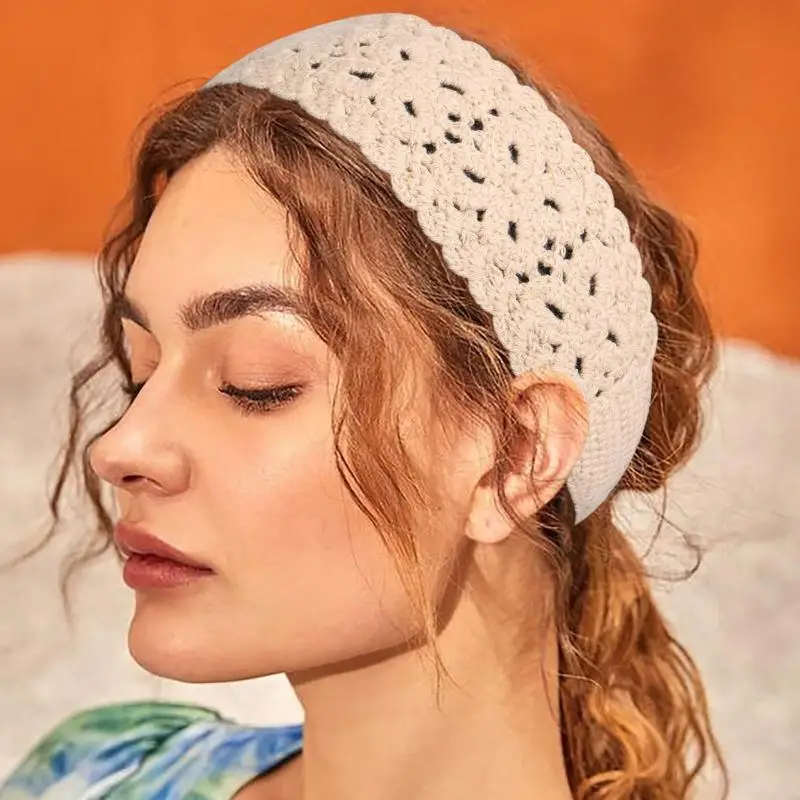 Sommerliches, gestricktes Stirnband mit Blumenmuster, Stretch-Turban, gehäkeltes Blumen-Haarband, Kopftücher, Bandanas für Mädchen und Frauen, Haar-Accessoires – Detail 3