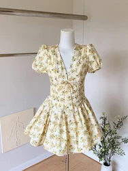 Summer French Retro Short Sleeve V-Neck Prom Gown Mini Floral Old Money Dress Women Cottage Core Frocks One-Piece Evening Party