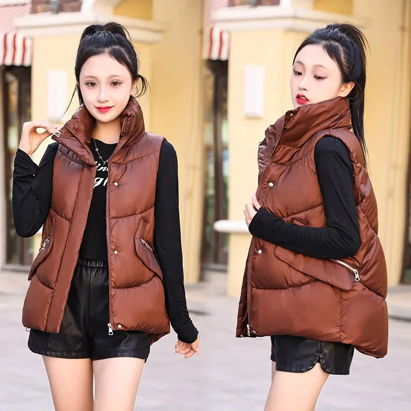 Winter Short Down Cotton Vest Jacket Women Loose Stand-Up Collar Vests Coat Fashion Pocket  Tops Pure Colour Waistcoat Female