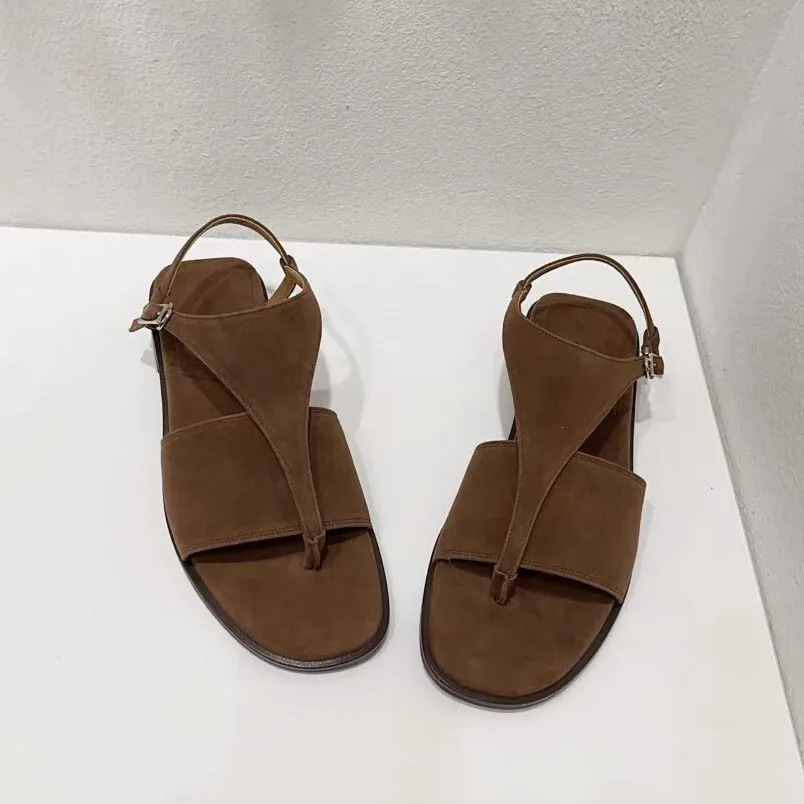 

Women's Brown Suede T-Strap Thong Flat Sandals Ankle Strap with Buckle Detail for Summer Beach Casual Outings Travel Effortless
