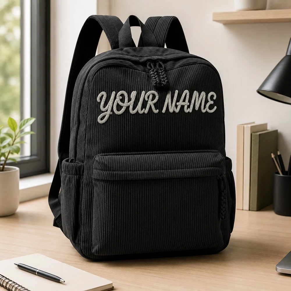 Personalized Chenille Rope Embroidered Corduroy Backpack, Custom Name School Backpack Large Capacity Casual Travel Daypack Gift