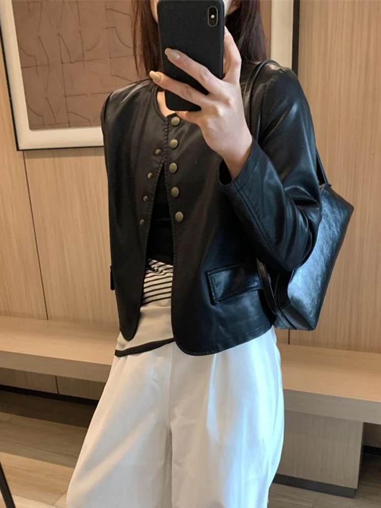 جاكيت نسائي أنيق من الجلد الصناعي بلون دائري، تصميم عصري جديد للربيع، إحساس راقي يقلل من مظهر العمر