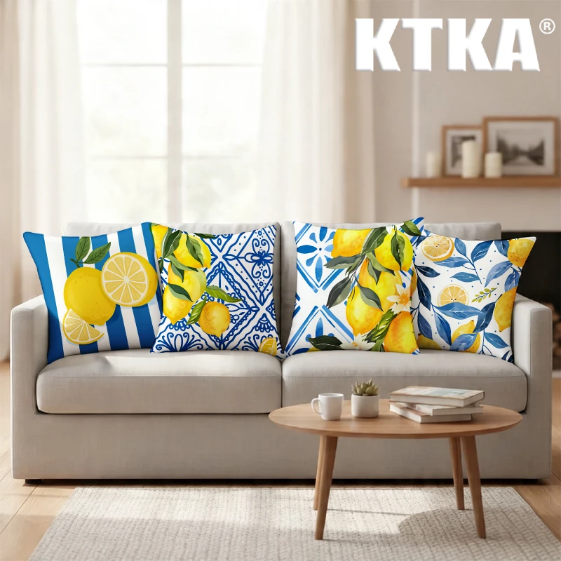 4Pcs, Blue Striped Lemon Pillow Covers, Single-Sided, Zipper Closure, Washable Polyester - Perfect for Sofa, Living Room, Bedroom Decor, Decorative Pillows.