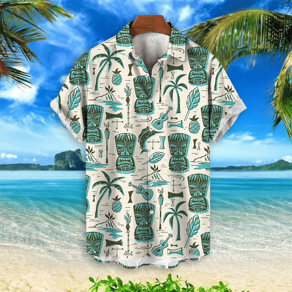 Hawaii-Hemden mit 3D-Tiki-Druck für Männer Retro-Herren hemd lose lässige Herren bekleidung New Fashion Trend Man Kurzarmhemd