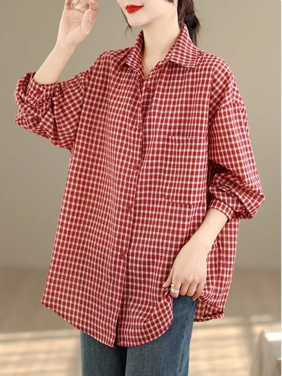 

Spring 2026 Plaid Casual Long Sleeve Shirt Women's plus Size Collar Open Cardigan Style Polyester Fiber Pear Strai...