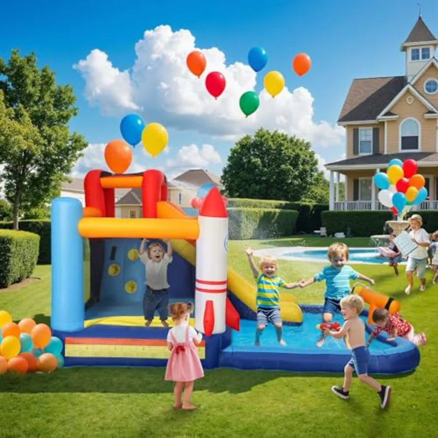 Backyard party inflatable water slide park for kids: PVC blue 5-in-1 bounce house with splash pool trampoline climbing wall wat