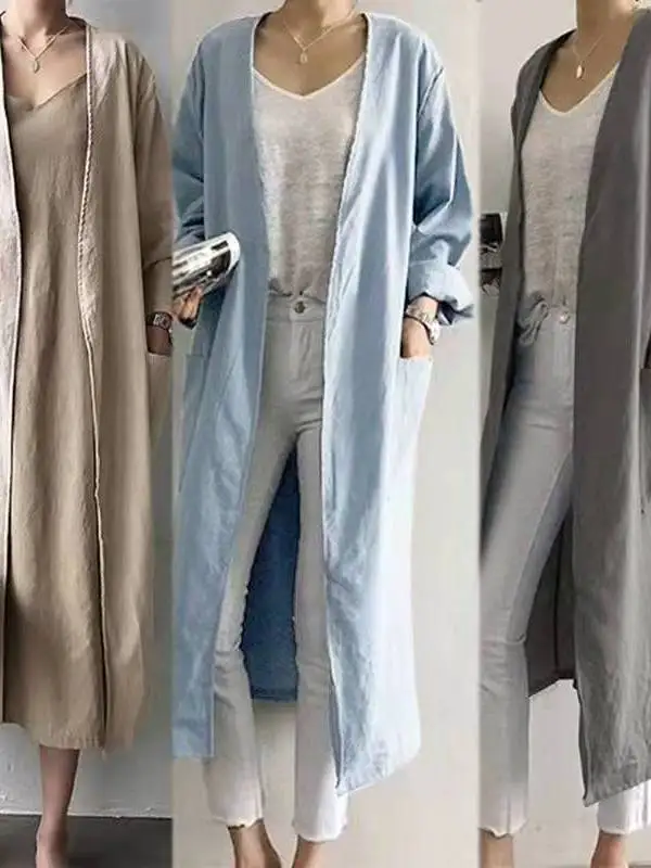 

Slim Straight V-Ne Windbreaker Thin Pure Color Ladies Coat Outerwear Organic Cotton Material Spring Autumn Season Faion