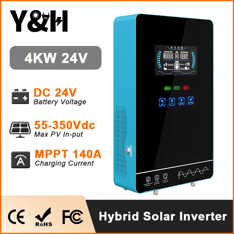 Y&H 4KW Hybrid Solar Inverter 24V 110V Pure Sine Wave Battery-Free Starting Built MPPT 140A Solar Charger Solar System BMS/WiFi