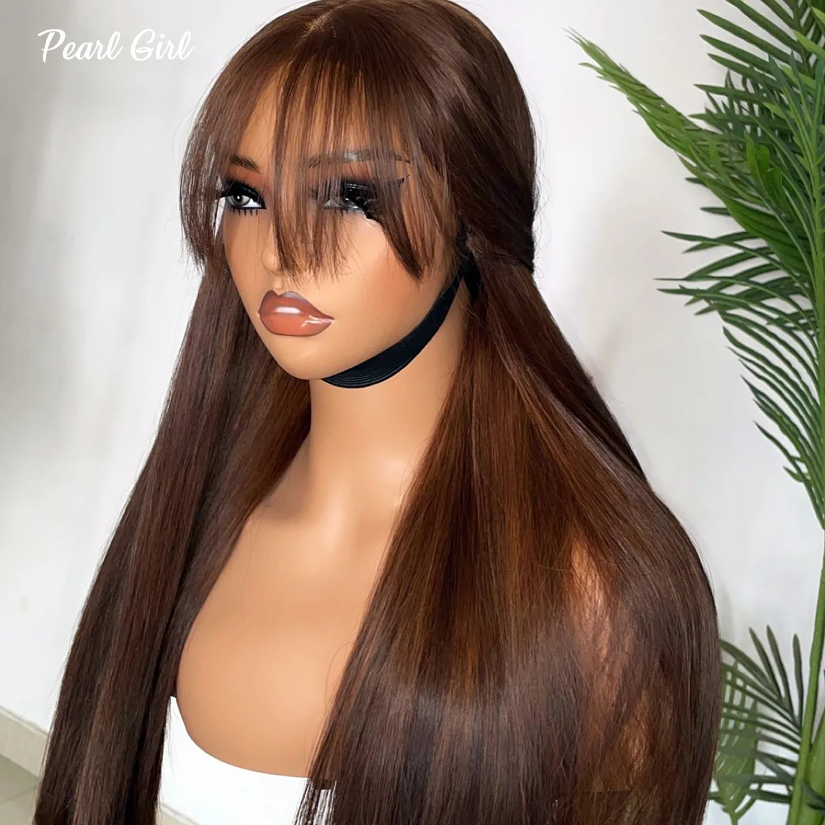 Schokoladenbraune, glatte Haare, Fransen-Perücke, Echthaar, 2 x 6 Verschluss-Perücke mit Pony, leimlose, dünne Pony-Perücke für Damen, fertig zu tragende Perücke