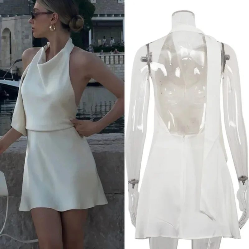 

2025 Sexy Halter Satin Mini Dress For Women Backless High Waist Sleeveless Summer Outfit Elegant Solid Color Holiday Clubwear