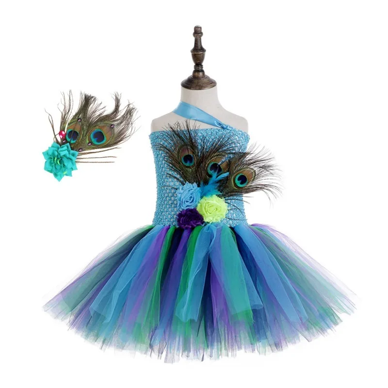 Flower Feathers Girls Peacock Tutu Dress Kids Tulle Princess Peacock Costume for Girls Pageant Halloween Birthday Party Gown BC