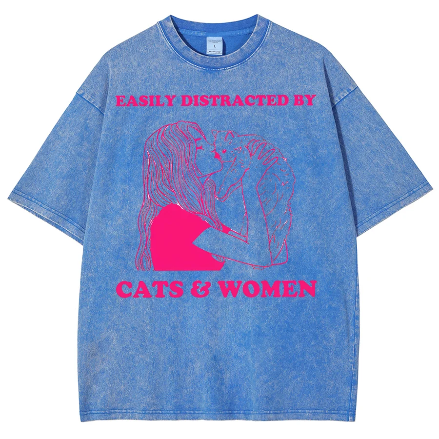 

Female and Cat Healing Print Sportswear Gym Short Sleeves European and American Loose Version Fitness Round Neck Pullover