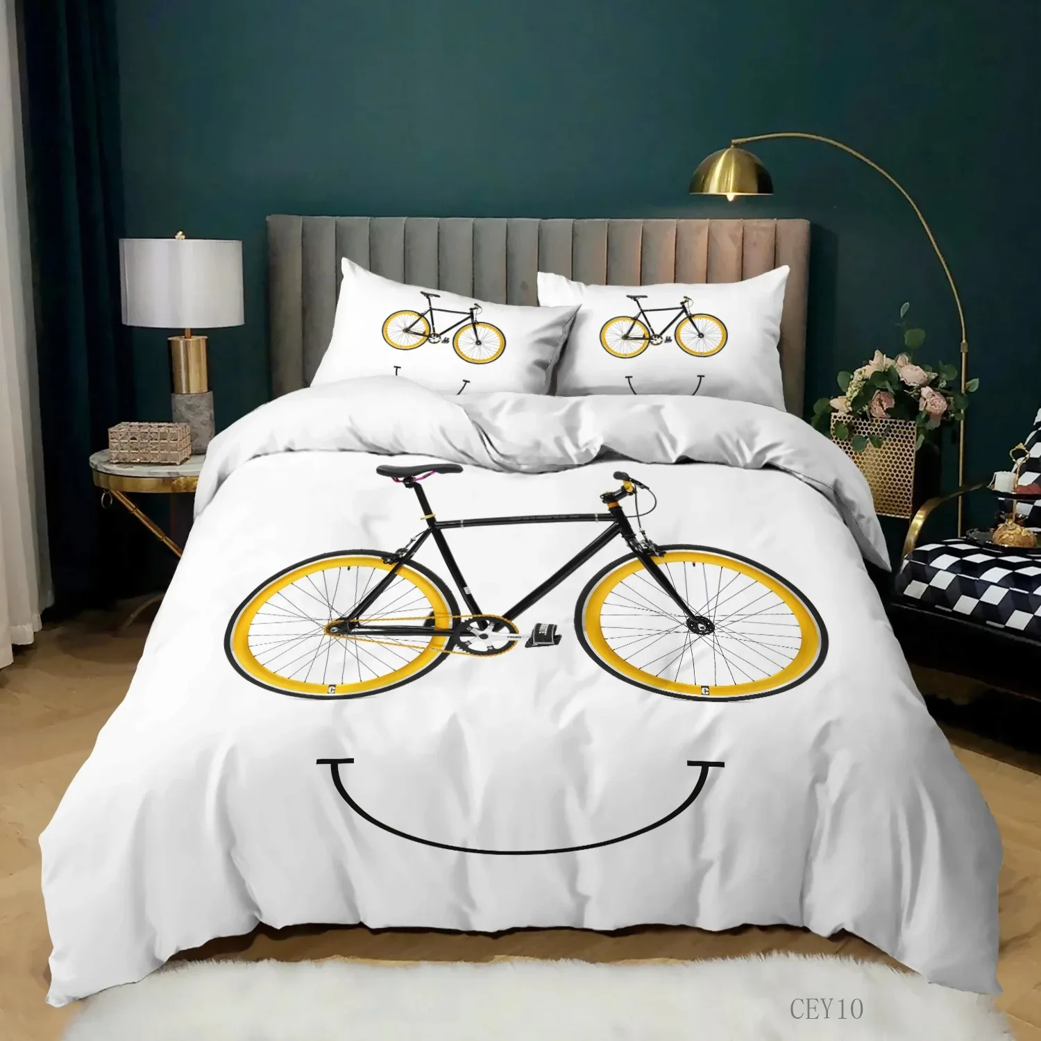 Bicycle Duvet Cover KingQueen Size A Bike Sketch Artwork Quilt Cover Soft Polyester Bedding Set 12 Pillowcases Yellow Purple