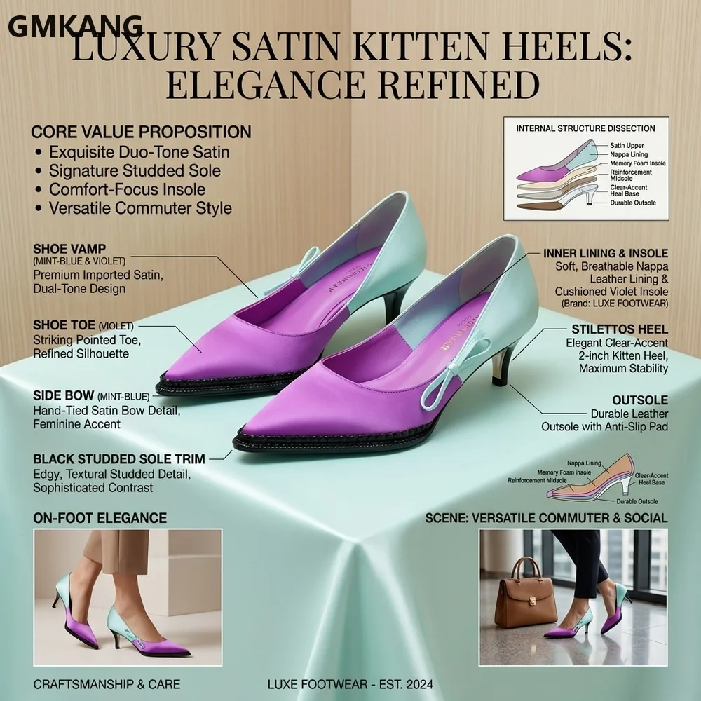 Women's Satin Pointed Toe Kitten Heel Slip On Dress Shoes, Soft Satin Upper Comfortable Low Heel Pumps, Patent Leather Look