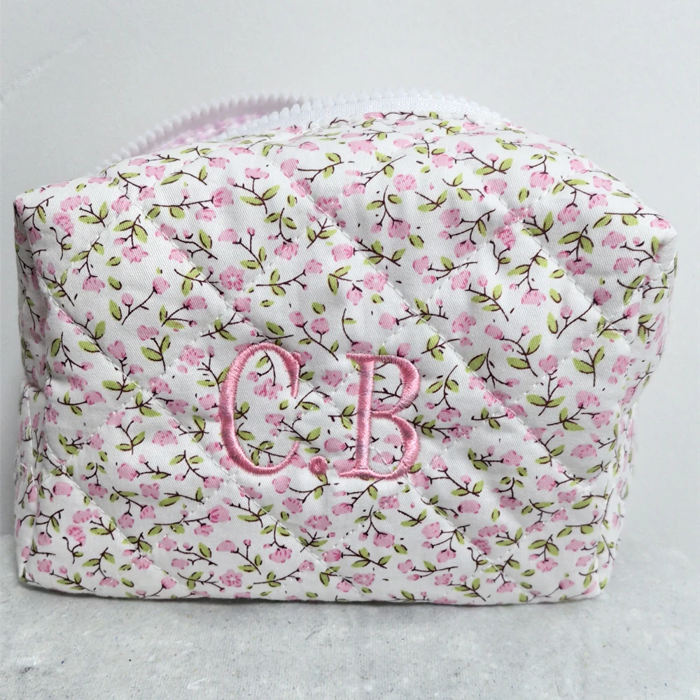 Personalized Floral Makeup Bag Women's Cotton Fabric Storage Bag Travel Toiletry Bag Custom Embroidered Birthday Gift for Girls