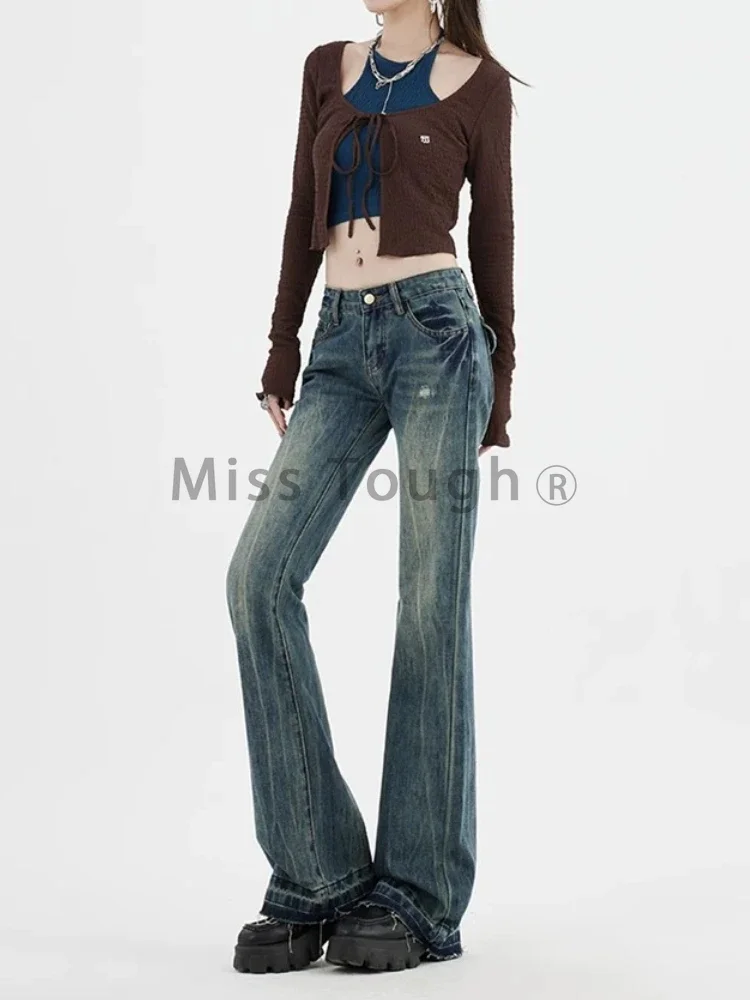 American Retro Low Rise Cowboy Jeans Women 90s Harajuku Y2k Embroidered Mopping Flared Pants High Street Babes Slim Trousers New