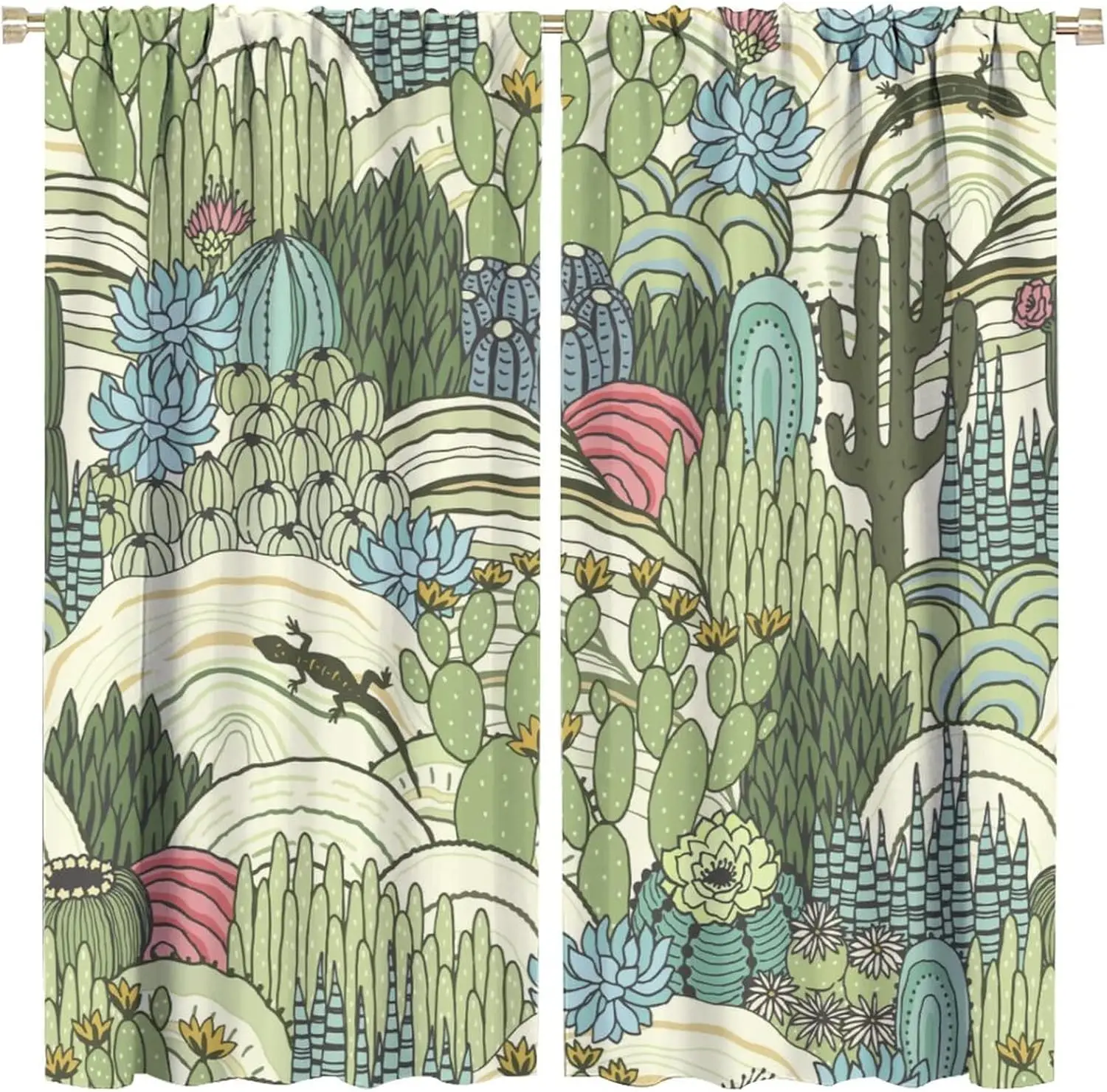 Floral Landscape Window Curtains,Vintage Style Natural Colored Succulents Red Blue Green Cactus Blackout Drapes,Tropical Desert