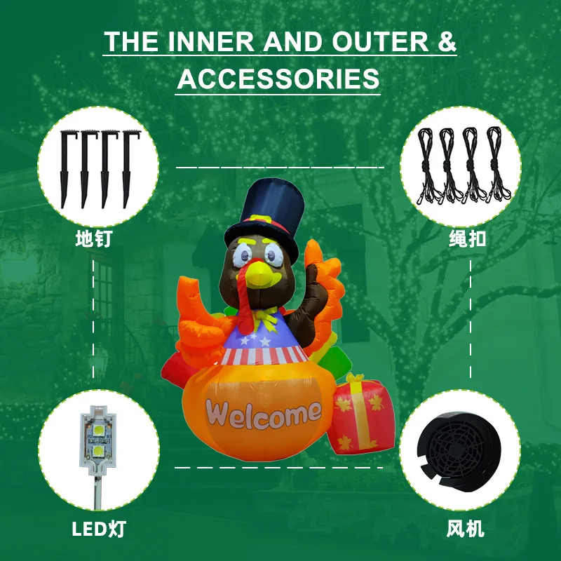 Thanksgiving Inflatable Turkey Decorative Glowing Turkey with Pilgrim Hat Thanksgiving Inflatable Decorative Air Mold