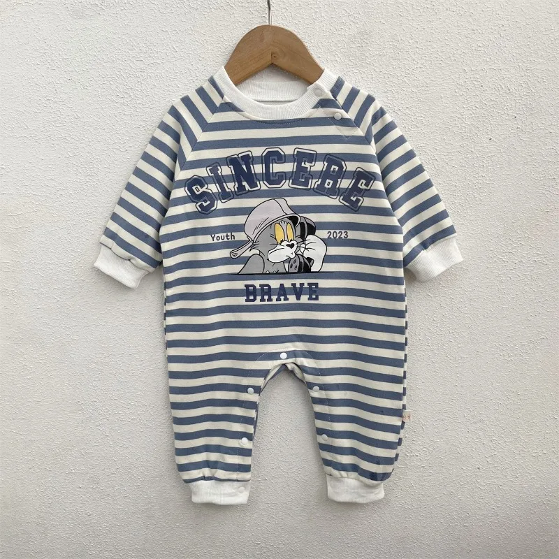 New Spring Autumn Baby Cartoon Cat Romper Infant Boy Girl Long Sleeves Striped Jumpsuit/Denim Waistcoat/Knitwear Cap K1036