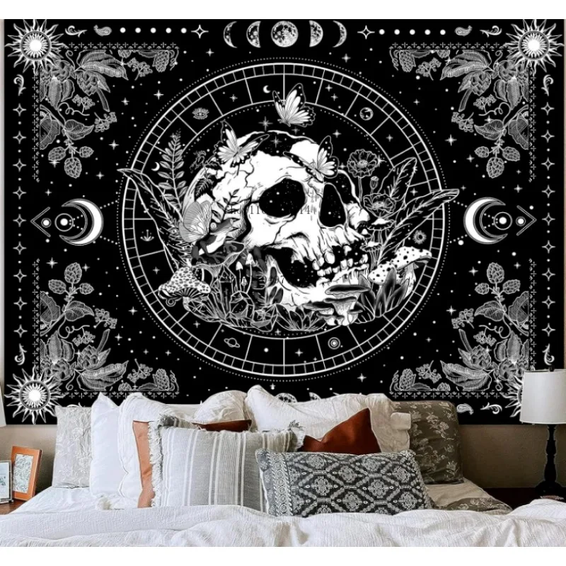 

Black and white skull tapestry hippie natural plant flower aesthetic tapestry wall hanging suitable for living room dormitory