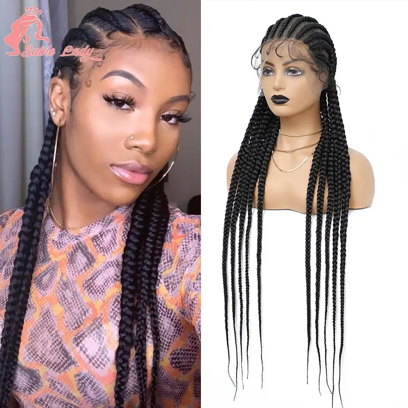 

36" Full Lace Frontal Wigs Synthetic Jumbo Braided Wigs For Black Women Box Braided Lace Front Wig Faux Locs Wig Braids Wigs