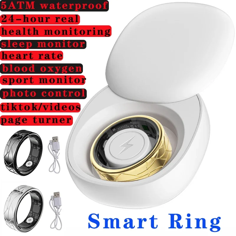 Smart Ring - 5ATM Waterproof,Real Sleep/Heart Rate/Blood Oxygen/Sport Monitor,Tiktok/Videos Ring,Page Turner,Photo Control Rings