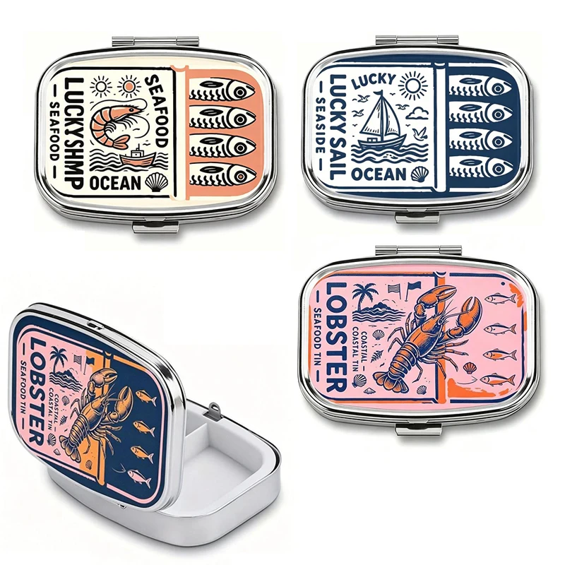 (N) 1Pcs Retro Sardine Print 2-Grids Metal Jewelry Pill Box Organizer For Adult Travel Mini Medicine Candy First Aid Kit