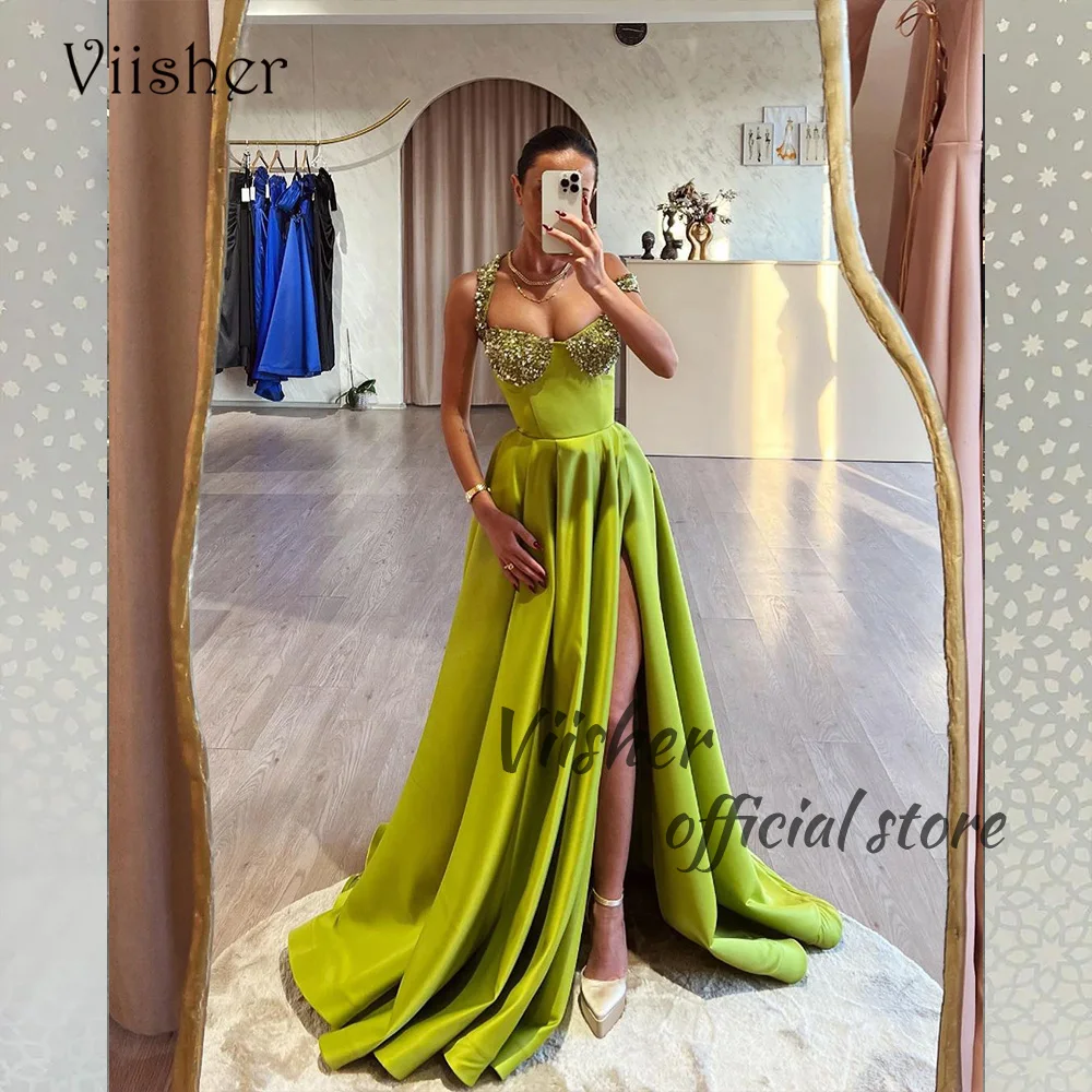 

Viisher Luxury A Line Satin Evening Dresses with Leg Split Sequin Beads Sweetheart Prom Party Dress Long Celebrate Event Gowns